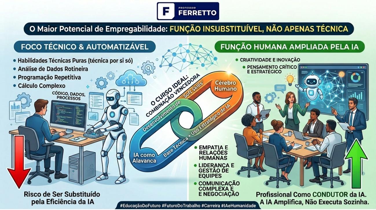 Quadro ilustrativo de que funções puramente técnicas são substituíveis por IA, já habilidades humanas como criatividade, pensamento crítico, empatia, liderança ainda terão forte empregabilidade na era da IA.