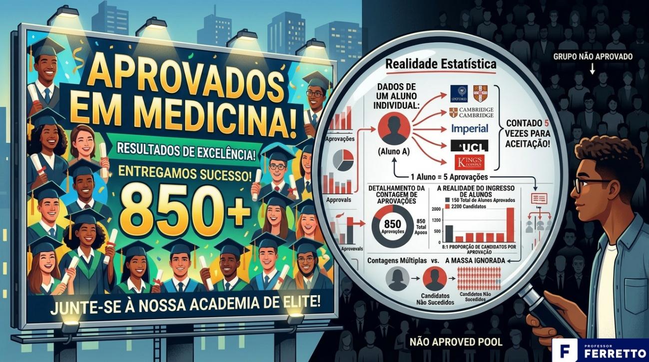 Quadro ilustrativo dos detalhes que o número de aprovados em cursinhos preparatórios Enem e vestibulares não mostra.