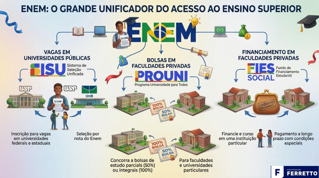 Quadro ilustrativo dos programas federais para acesso à universidade como SISU, PROUNIE e FIES, todos com base na nota do Enem.