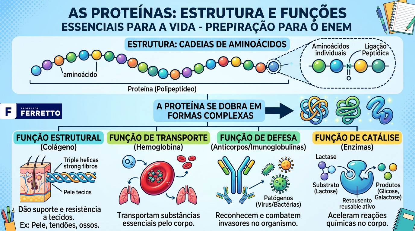 Quadro ilustrativo sobre a estrutura e funções das proteínas