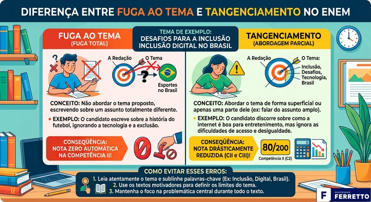 Quadro ilustrativo sobre diferença entre fuga ao tema e tangenciamento na redação do Enem.