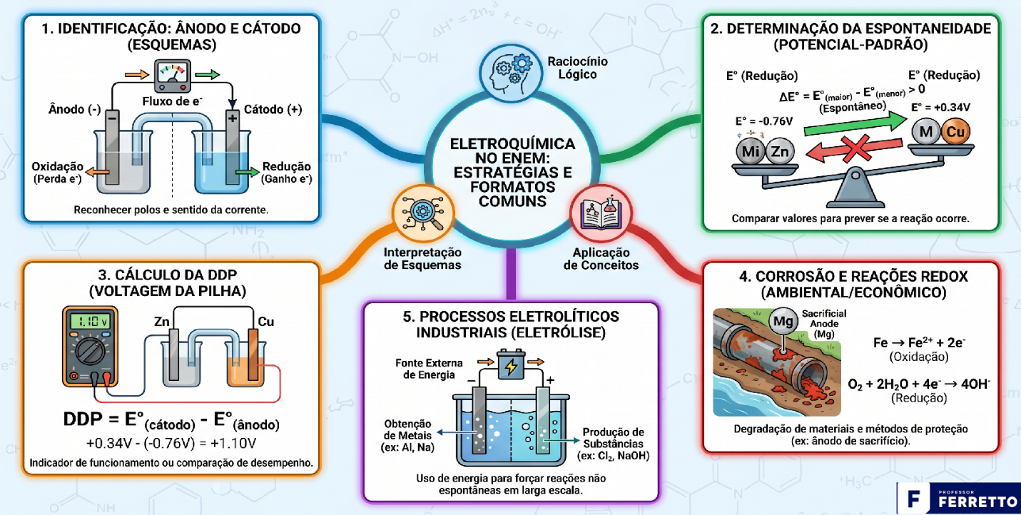 Quadro ilustrativo sobre os conceitos e esquemas eletroquímicos mais cobrados no Enem e vestibulares.
