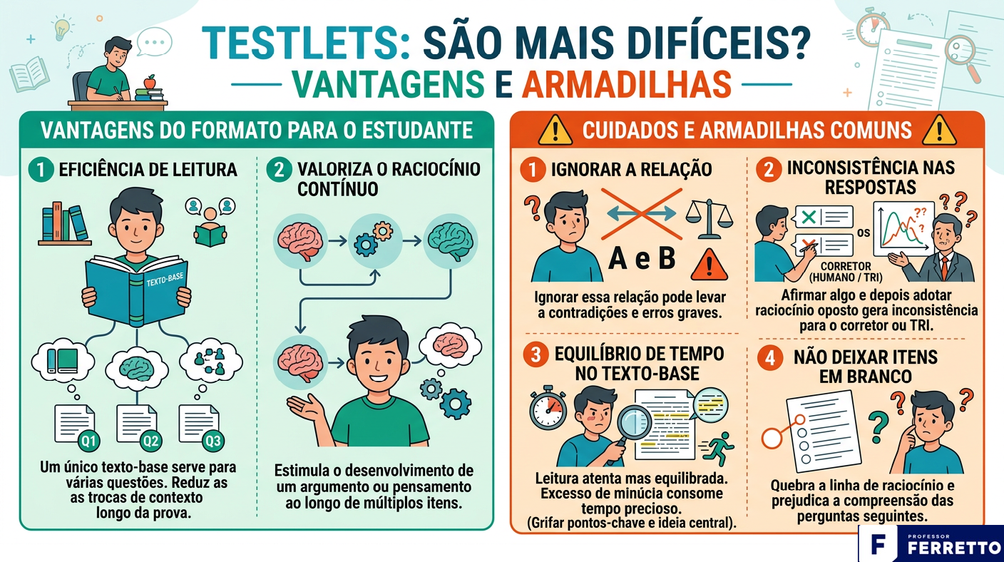 quadro resumo das vantagens e possíveis armadilhas dos testlets. 