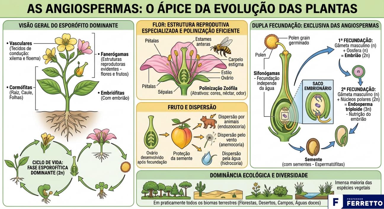 Representação de o porquê as angiospermas serem o ápice da evolução das plantas.