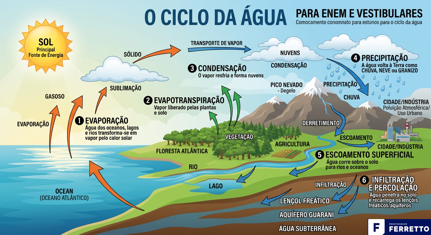 Representação gráfica do ciclo da água: evaporação, evapotranspiração, condensação, precipitação, escoamento e infiltração e percolação. 