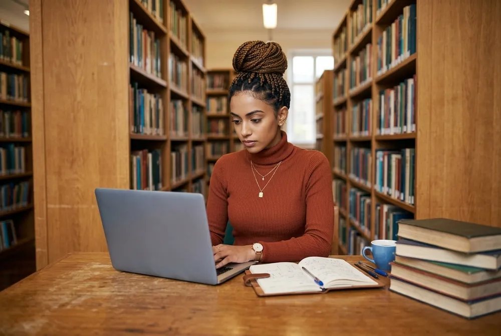 Estudante se preparando para Filosofia no ENEM em biblioteca com computador e anotações.