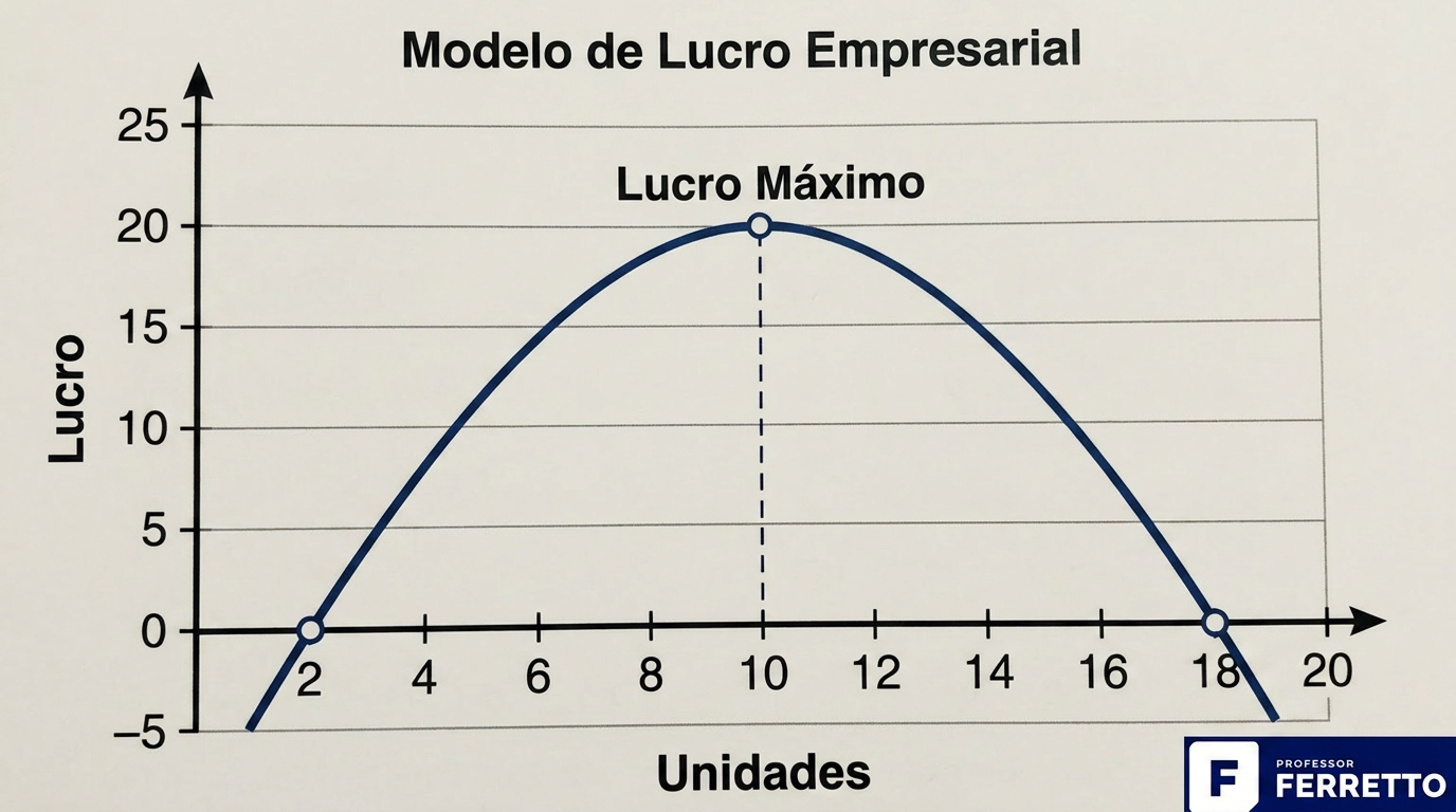 Gráfico demonstrativo da otimização do lucro de uma empresa, calculado a partir de uma equação quadrática dada.