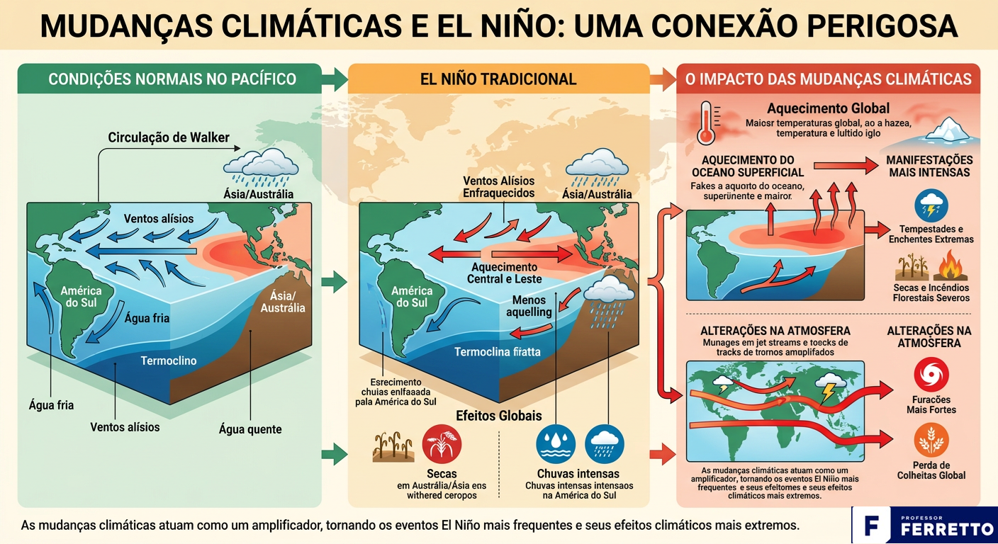Ilustração de como as mudanças climáticas, em função da atividade antrópica, podem potencializar os efeitos de um fenômeno natural com o El Ninõ.
