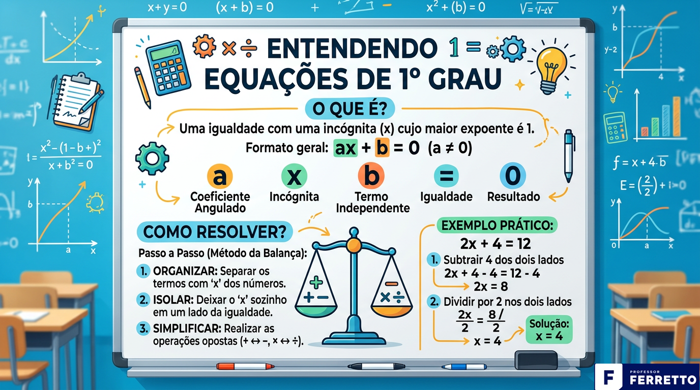 Ilustração de uma equação de 1o grau e como resolver a equação.