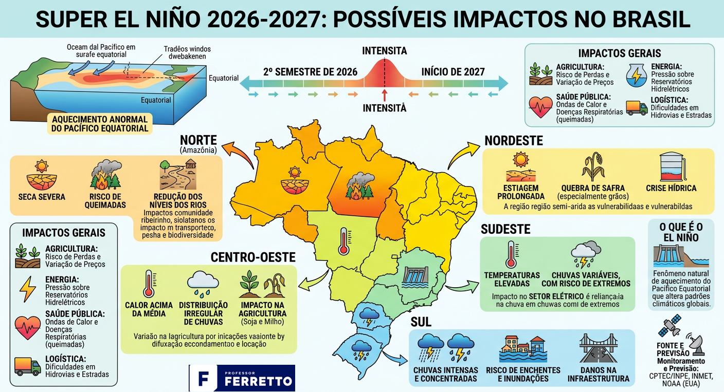 Ilustração dos possíveis impactos do super El Ninõ no Brasil no segundo semestre de 2026 e início de 2027.