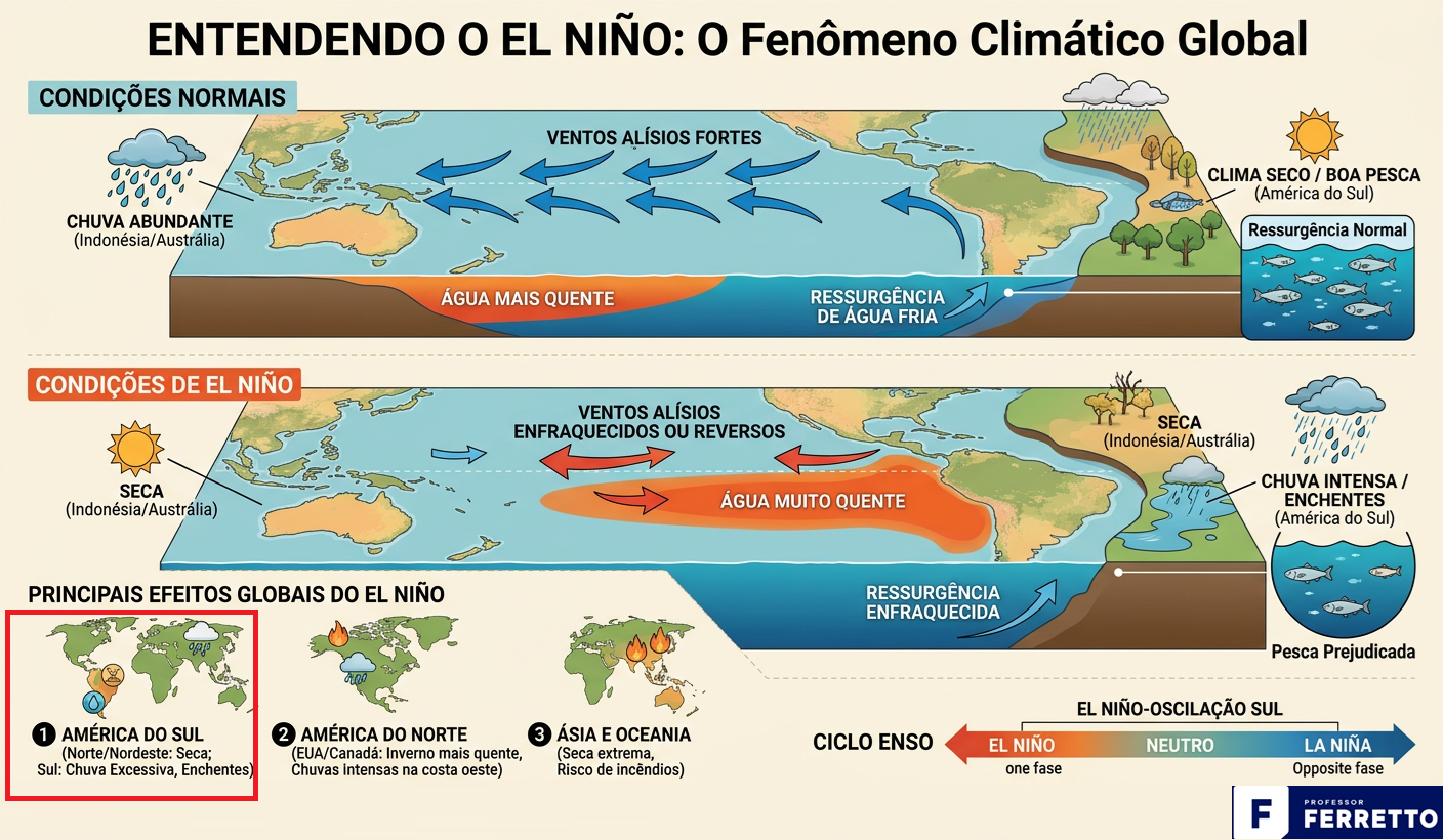 ilustração explicativa sobre as condições para ocorrência do El Ninõ