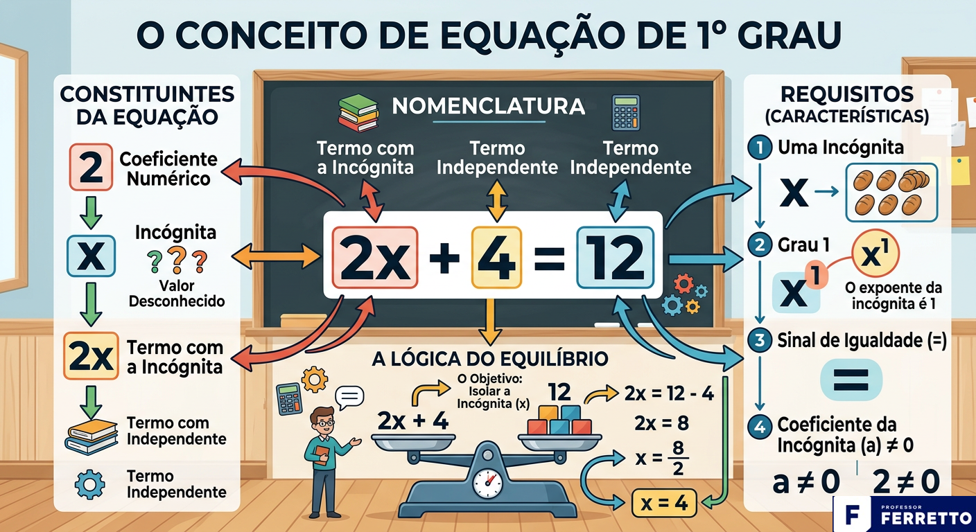 Ilustração sobre conceito de equação de primeiro grau com nomenclatura de constituintes e requisitos.