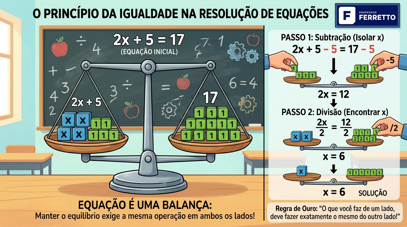 Ilustração sobre o princípio da igualdade na resolução de equações.