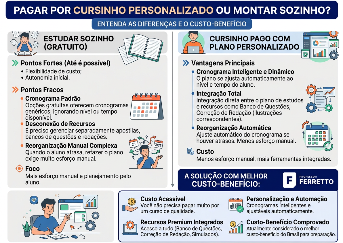 imagem apresenta as diferenças (vantagens e desvantagens) entre pagar por um cursinho com plano personalizado ou estudar por conta própria, montando o próprio plano de estudo.