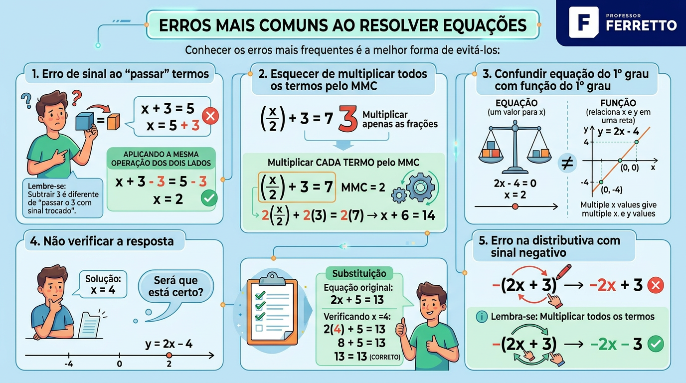 Infográfico dos erros mais comuns ao se resolver equações do 1o grau.