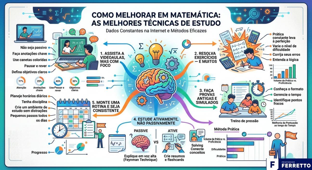 Mapa mental de como melhorar em matemática para Enem e vestibulares: assistir videoaulas, resolver muitos exercícios, fazer provas simuladas, estudar ativa e não passivamente, montar uma rotina consistente de estudos.