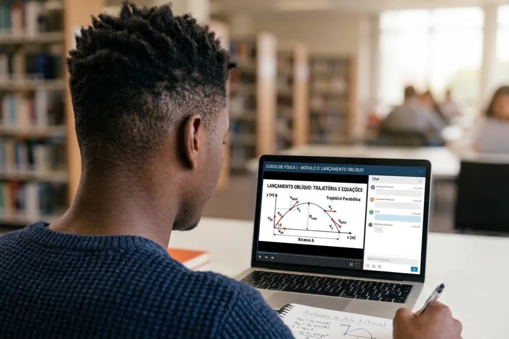 Estudante acompanha aula online enquanto consulta notas de corte para o ENEM para planejar os estudos.