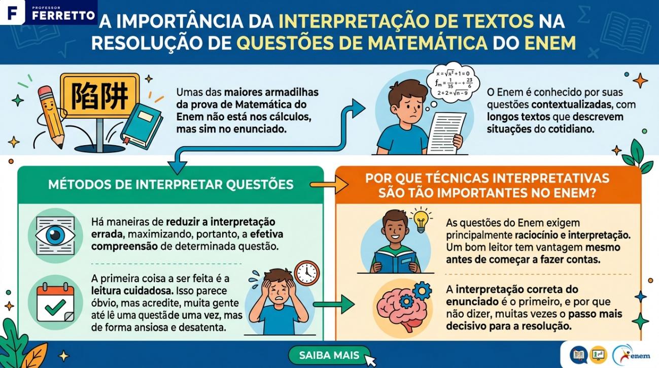 Quadro apresenta o porquê da importância da interpretação de textos na resolução de questões de matemática no Enem. Apresenta médos de interpretar questões e por que essas técnicas são importantes.