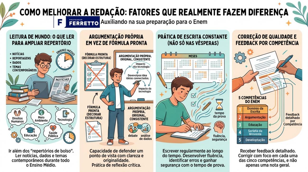 Quadro apresentando dicas para melhorar a redação como: leitura de mundo; argumentação própria em vez de fórmula pronta; prática constante da escrita; obtenção de correção de qualidade com feedback.