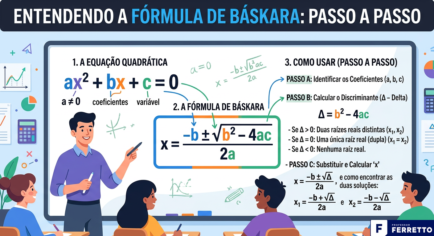 Quadro explicativo com passo a passo para compreensão da fórmula de Báskara