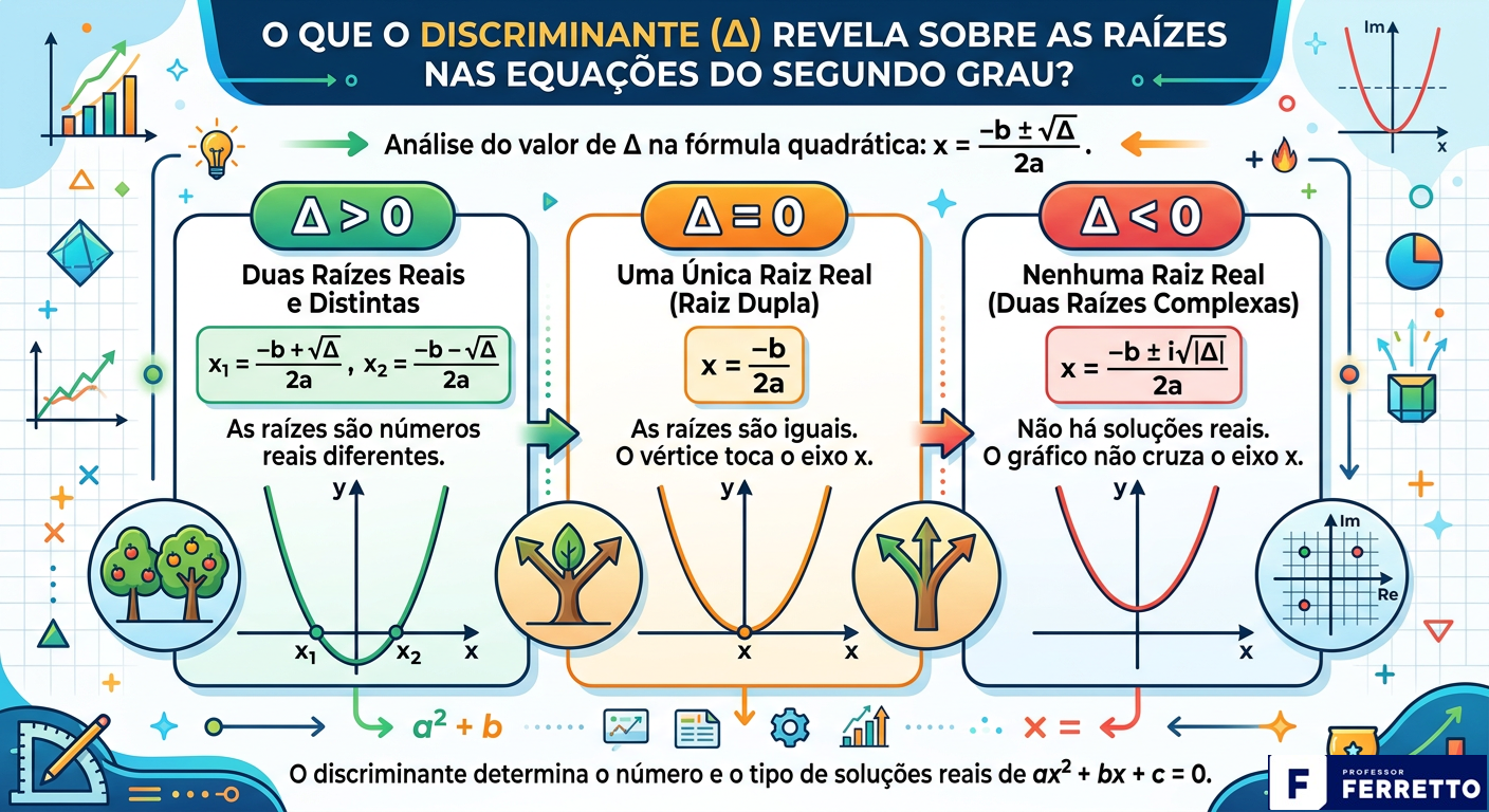 Quadro explicativo sobre o que o dominante revela sobre as raízes no caso de ser maior, igual ou menor que zero.