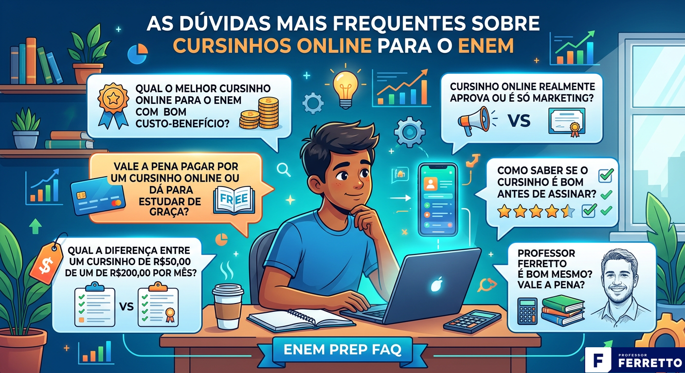 Quadro ilustrativo das dúvidas mais frequentes que os estudantes têm sobre cursinhos preparatórios online para Enem.