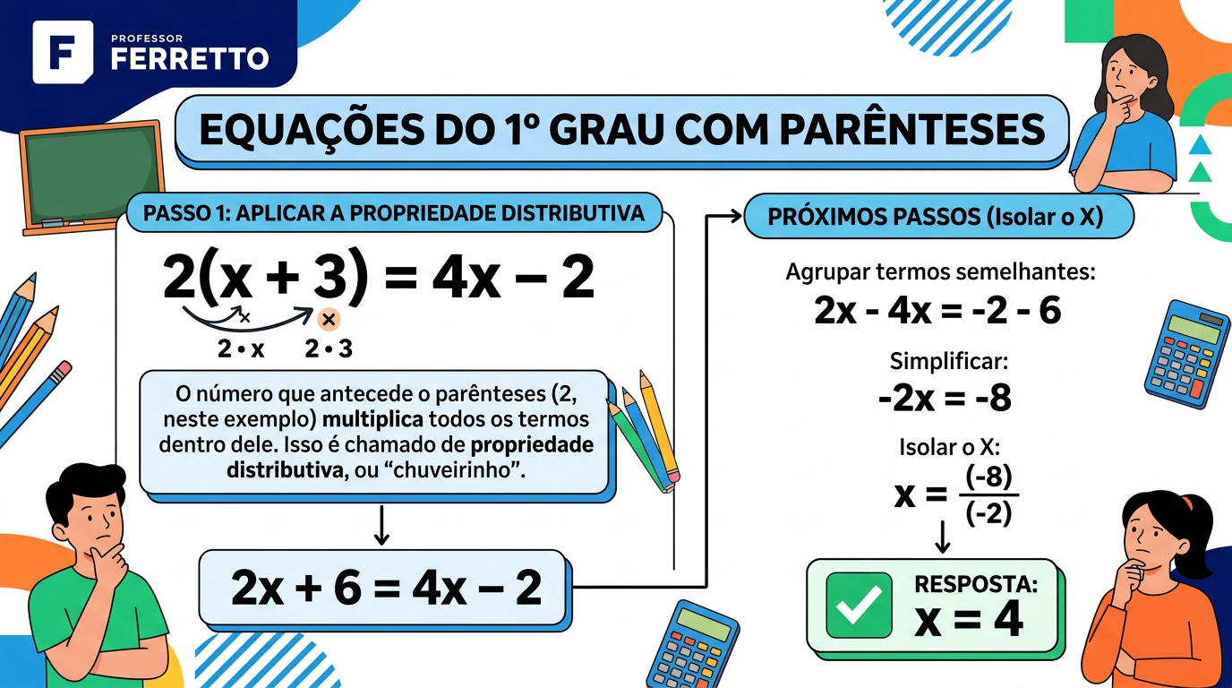 Quadro ilustrativo de equação do 1o grau com parênteses e como resolver a equação.