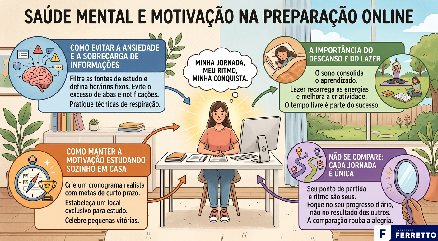 Quadro ilustrativo demostrando como trabalhar a saúde mental e técnicas para manter a motivação na preparação online.