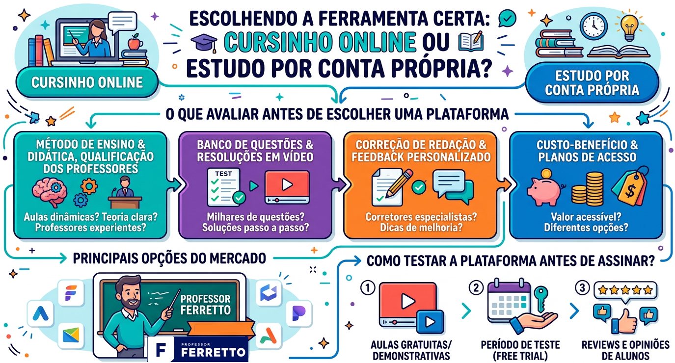 Quadro ilustrativo explicando as vantagens de escolher um cursinho online comparado com o estudo por conta própria.