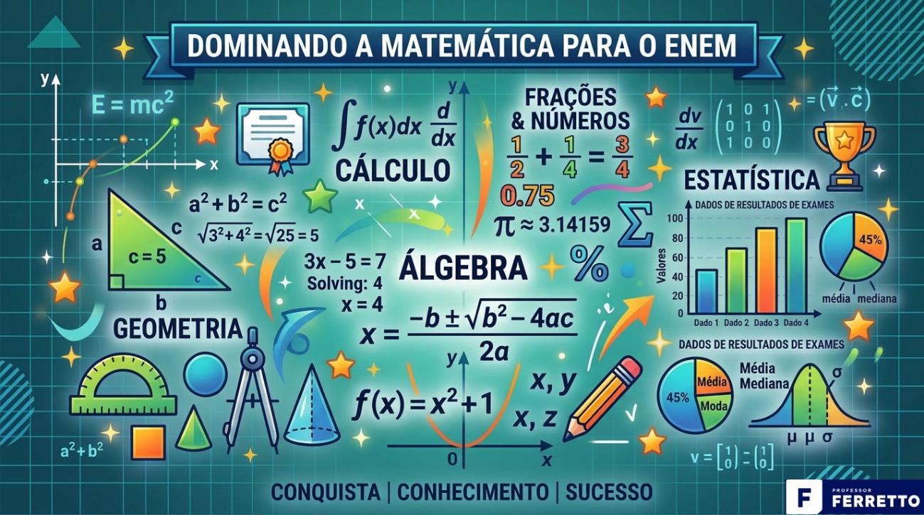Quadro ilustrativo sobre os assuntos básicos de matemática para o Enem como álgebra, geometria, frações, estatística e cálculo.