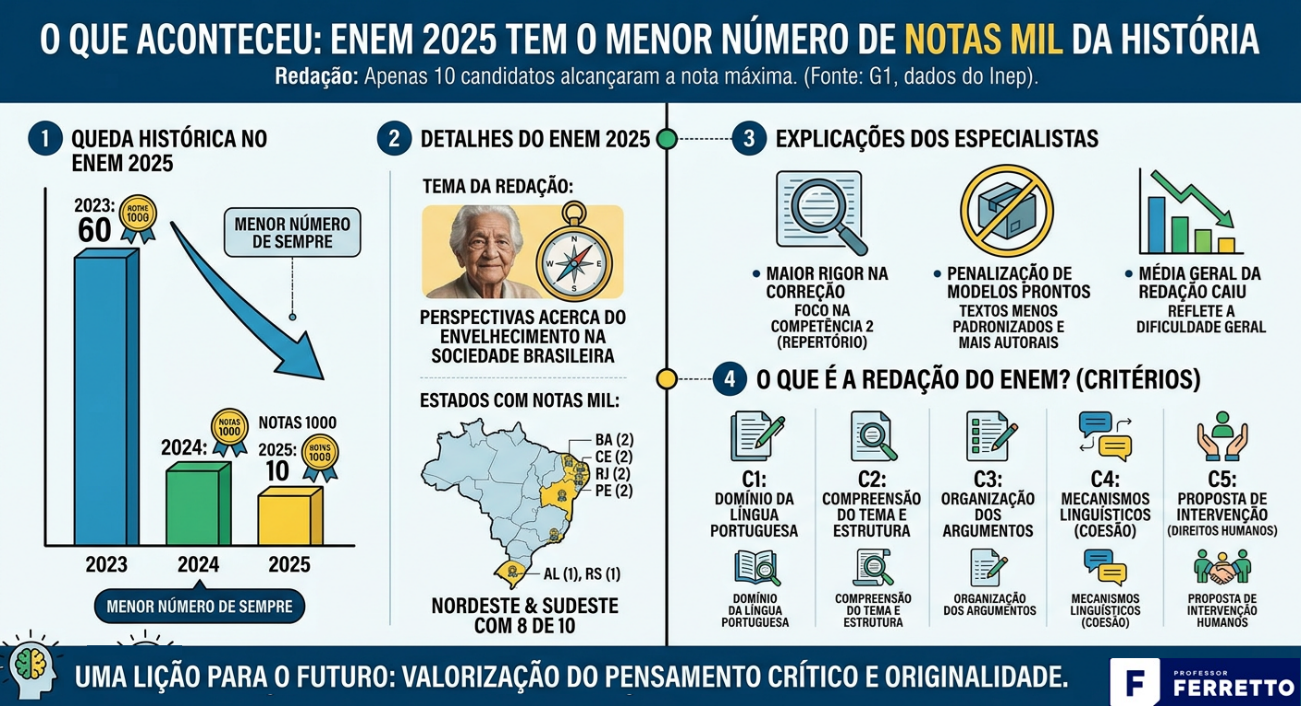 Quadro resumo explicando o porquê de somente 10 estudantes terem tirado nota 1.000 na redação no Enem 2025.