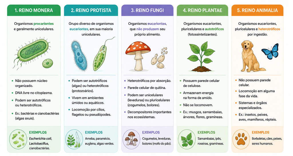 Infográfico dos Reinos da Biologia com características dos reinos Monera, Protista, Fungi, Plantae e Animalia.