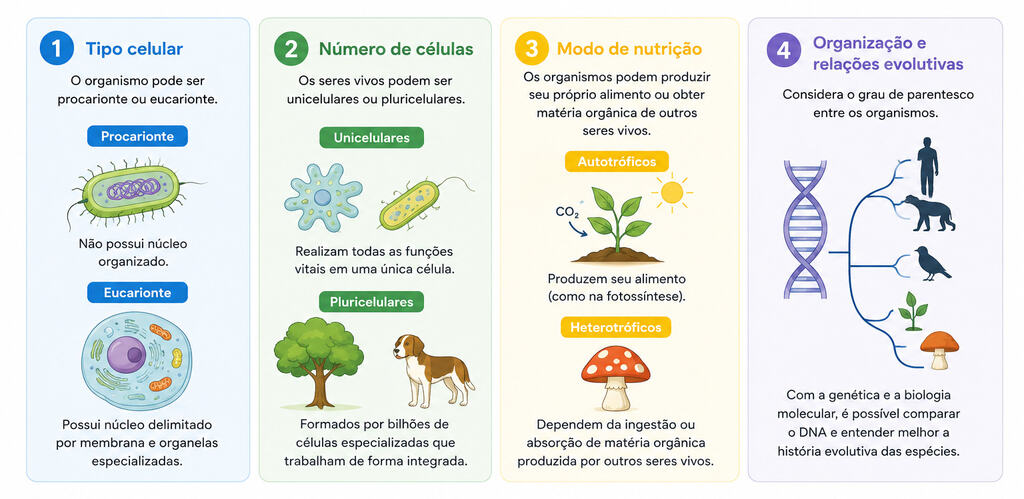 Critérios de classificação dos Reinos da Biologia, incluindo tipo celular, nutrição, número de células e evolução.