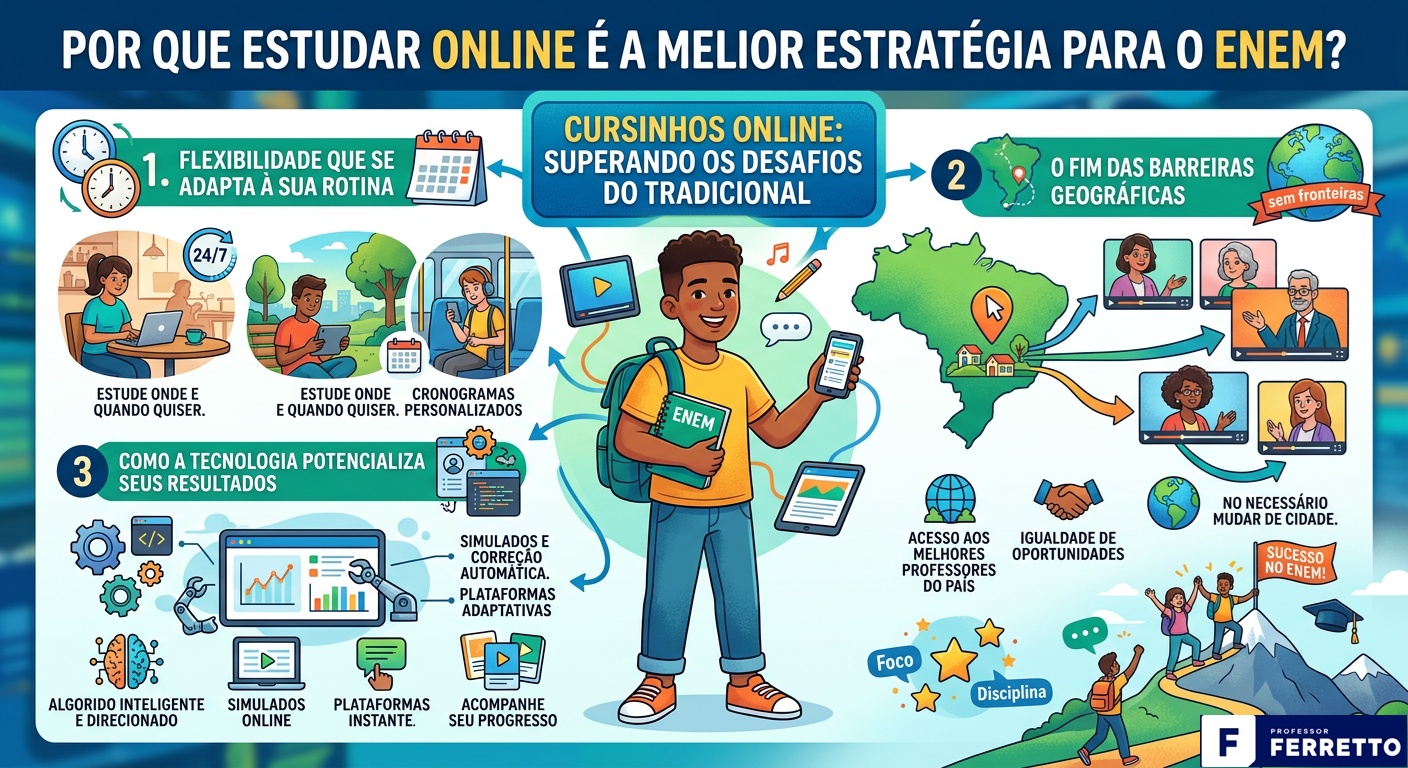 Resumo gráfico respondendo ao questionamento "por que estudar online é a melhor estratégia para o Enem".