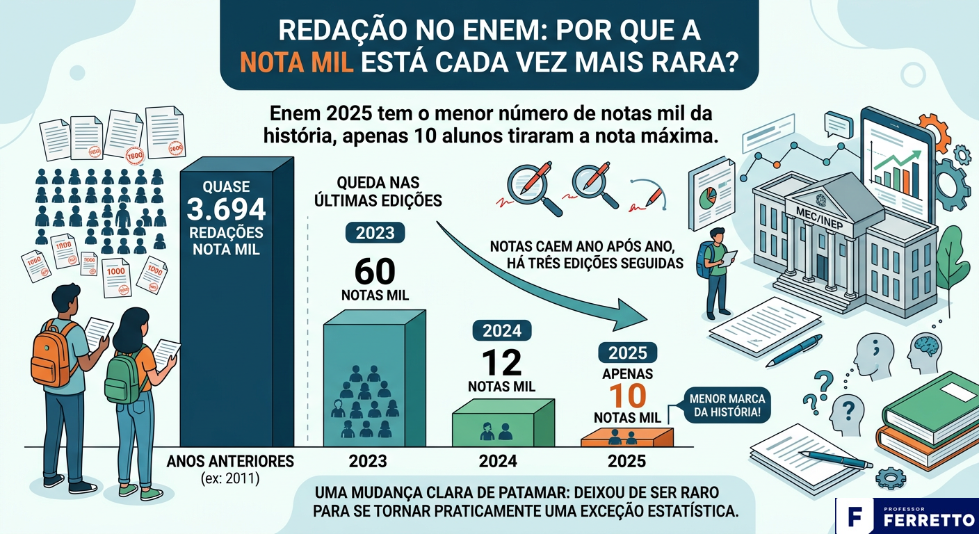 Ano após ano as notas máximas têm caído na redação nas provas do Enem. Em 2023 foram 60, em 2024 12 e em 2025, apenas 10.