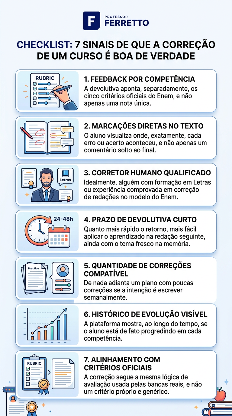 Checklist: 7 sinais de que a correção de um curso é boa de verdade 1. Feedback por competência — a devolutiva aponta, separadamente, os cinco critérios oficiais do Enem, e não apenas uma nota única. 2. Marcações diretas no texto — o aluno visualiza onde, exatamente, cada erro ou acerto aconteceu, e não apenas um comentário solto ao final. 3. Corretor humano qualificado — idealmente, alguém com formação em Letras ou experiência comprovada em correção de redações no modelo do Enem. 4. Prazo de devolutiva curto — quanto mais rápido o retorno, mais fácil aplicar o aprendizado na redação seguinte, ainda com o tema fresco na memória. 5. Quantidade de correções compatível com seu ritmo — de nada adianta um plano com poucas correções se a intenção é escrever semanalmente. 6. Histórico de evolução visível — a plataforma mostra, ao longo do tempo, se o aluno está de fato progredindo em cada competência. 7. Alinhamento com os critérios oficiais do Enem — a correção segue a mesma lógica de avaliação usada pelas bancas reais, e não um critério próprio e genérico. 