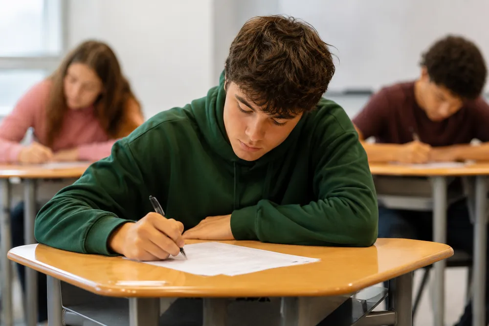 Jovem fazendo prova como parte de um cronograma de estudos para o ENEM eficiente.