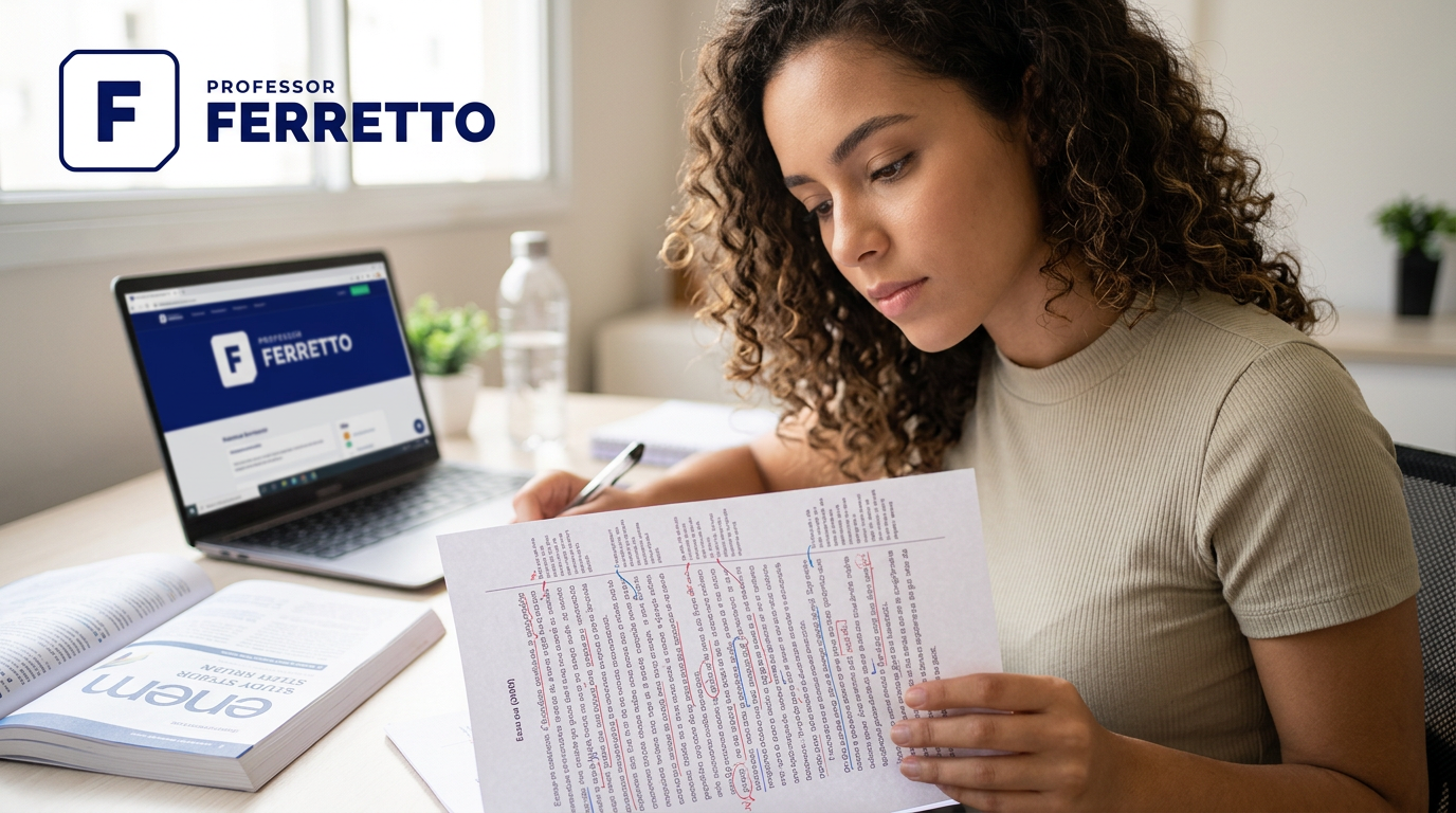 Estudante revisando uma redação corrigida, com marcações visíveis no texto