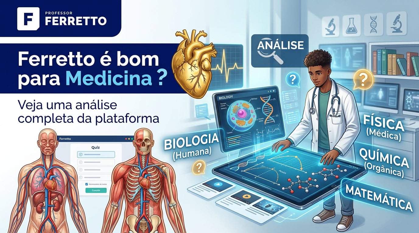 Ferretto é bom para Medicina? Veja análise completa na plataforma. Disciplinas mais exigidas na Medicina: Física (médica), Química orgânica, Matemática e Biologia.