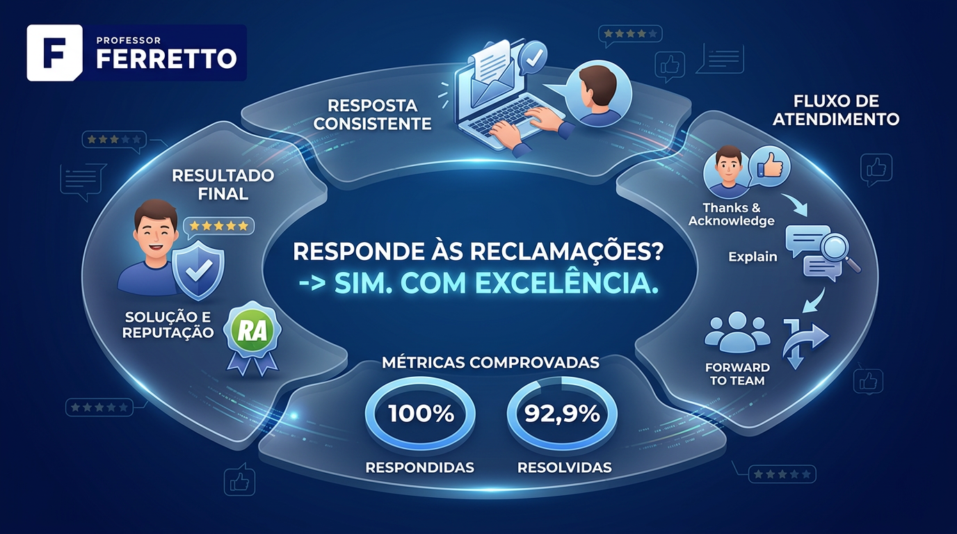 Imagem mostrando que o Professor Ferretto responde 100% às reclamações dos estudantes e está na busca constante de soluções que atendam inteiramente aos pedidos pleiteados pelos alunos.