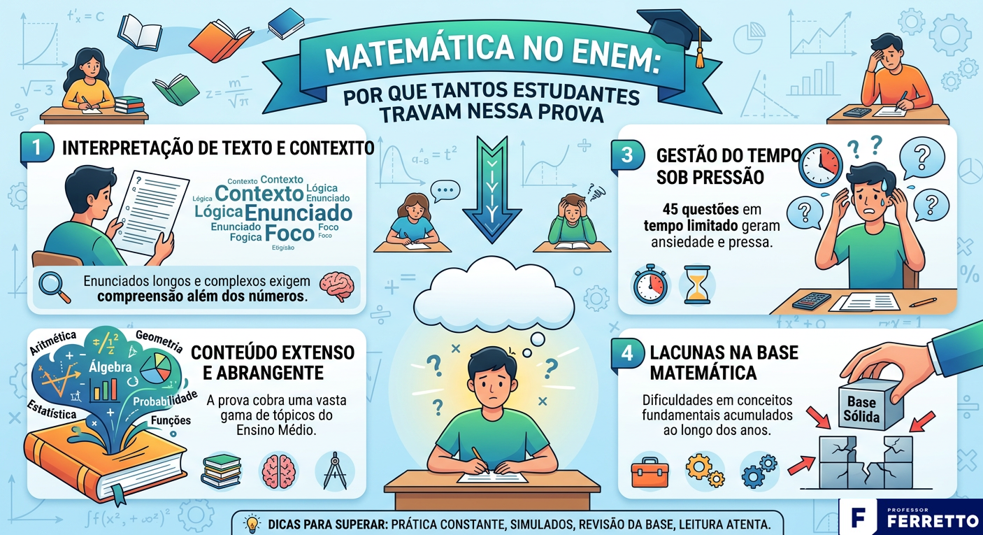 Imagem retratando os motivos de tantos estudantes travarem nessa disciplina no Enem, tais como: dificuldade na interpretação de texto, conteúdo é mais extenso e abrangente, falta de gestão de tempo e, talvez o principal, falta de base sólida na matemática.