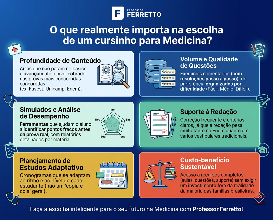 O que realmente importa na escolha de um cursinho para Medicina? Profundidade de conteúdo; Volume e qualidade de questões; Simulados e análise de desempenho; Suporte à redação; Planejamento de estudos; Custo-benefício.