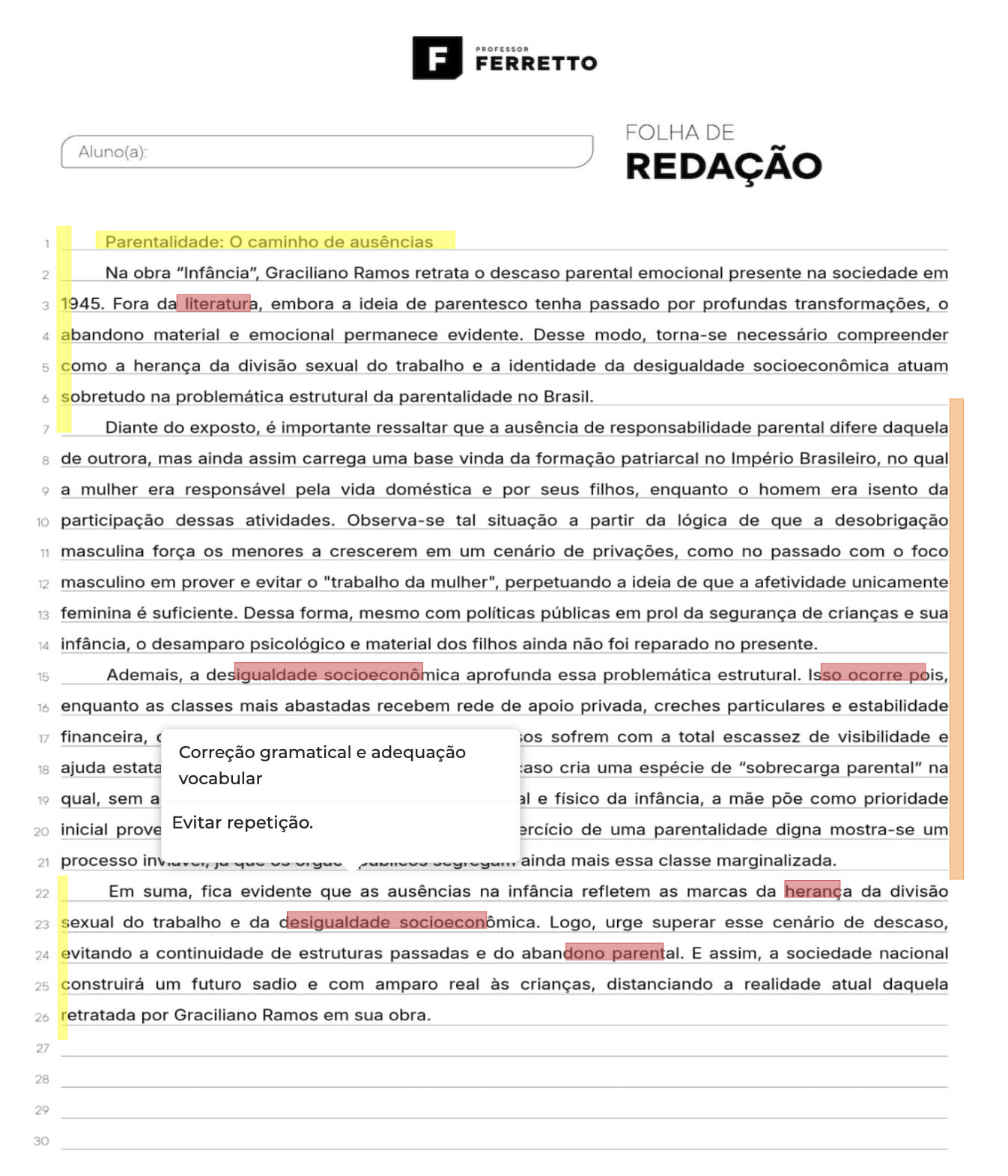 Print ou da tela de correção de redação da plataforma do Professor Ferretto, mostrando as marcações no texto.