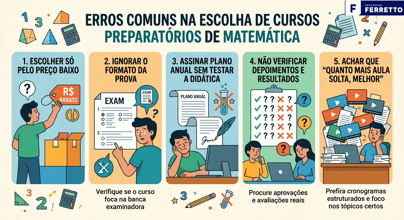 Quadro apresentando os erros comuns na hora de escolher um curso preparatório de matemática: Escolher só pelo preço mais baixo; Ignorar se o curso cobre o formato da prova que você vai prestar; Assinar um plano anual sem testar a didática antes; Não verificar depoimentos e resultados verificáveis; Achar que "quanto mais aula solta, melhor. 