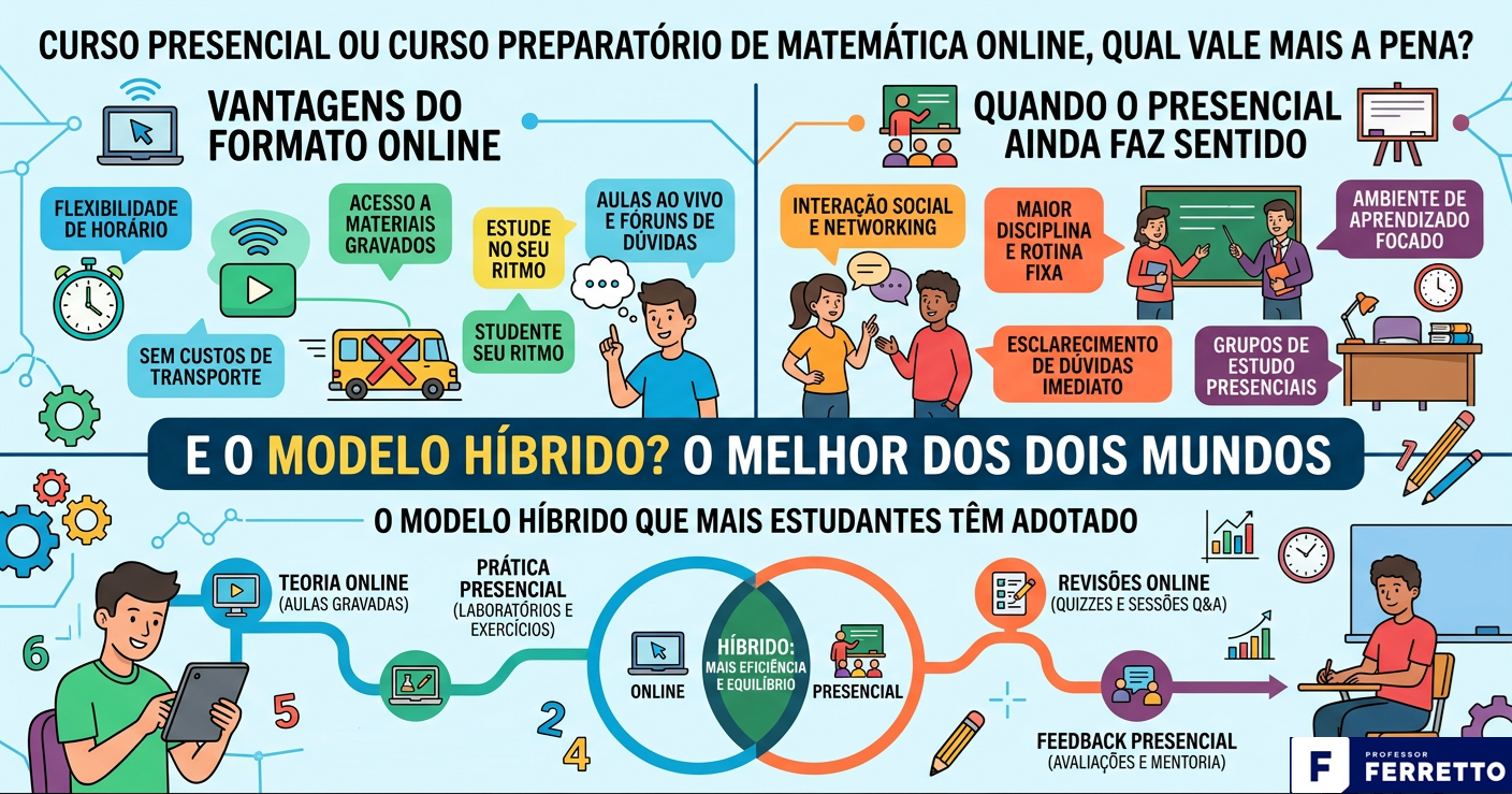 Quadro apresentando os prós e contras de um curso preparatório online, presencial e apresentando o híbrido (online e presencial) como melhor opção.