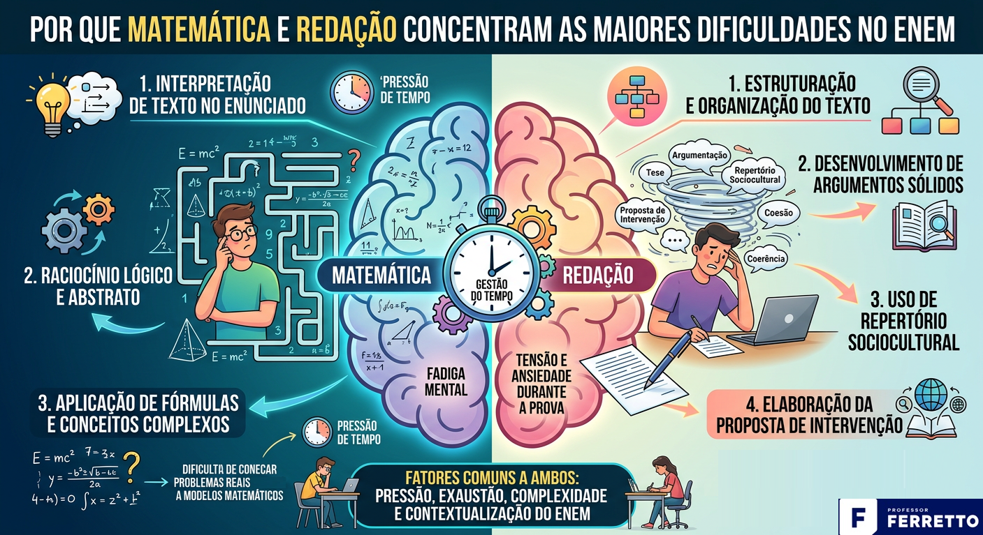 Quadro ilustrando o porquê de matemática e redação concentraram as maiores dificuldades no Enem. 