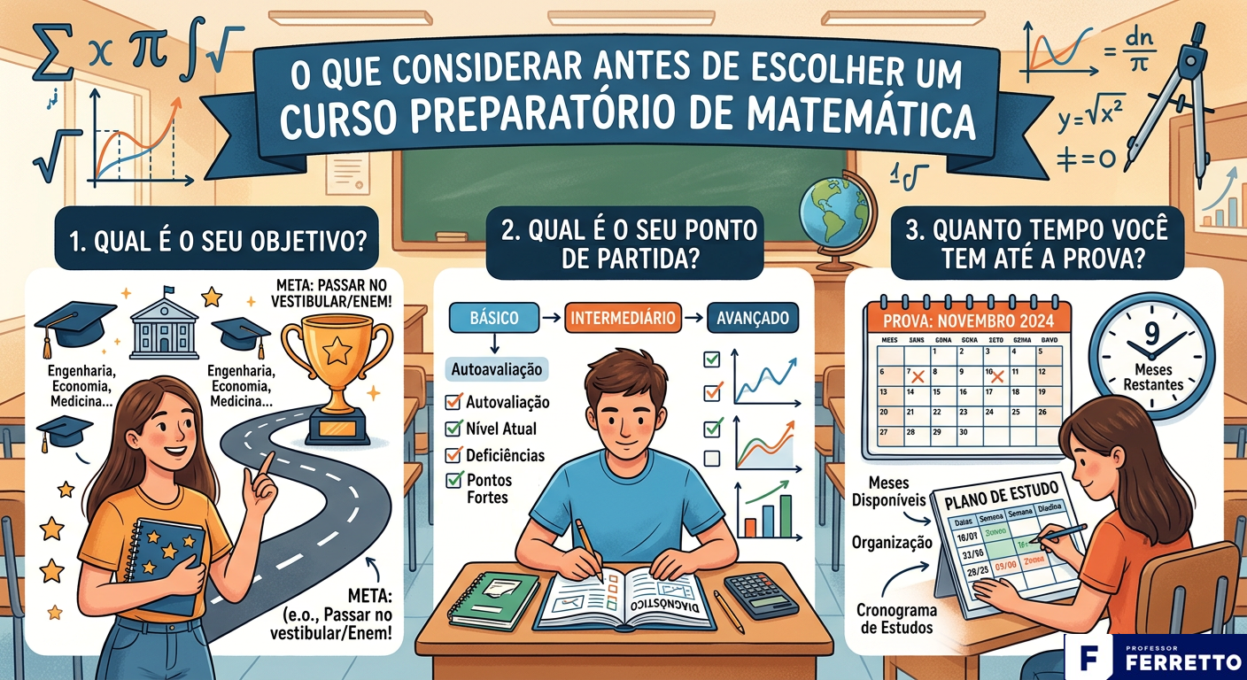 Quadro indicando o que deve ser considerado antes de escolher um curso preparatório de matemática, tais como: qual seu objetivo, qual o seu ponto de partida e quanto tempo você tem até a prova.