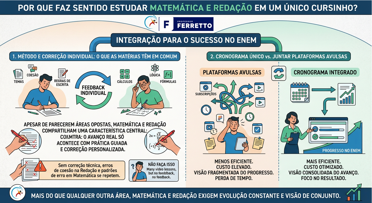 Quadro resumo apresentando motivos para se estudara matemática e redação em um único curso, de forma integrada. 