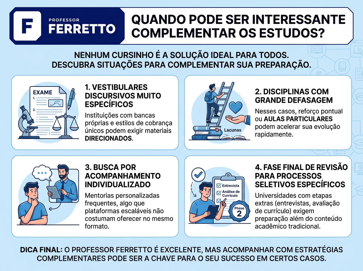 Quando pode ser interessante complementar os estudos? Vestibulares com provas discursivas muito específicas; Disciplinas em que o aluno tem defasagem muito grande; Quem busca acompanhamento individualizado constante; Estudantes em fase final de revisão para instituições com processos seletivos muito específicos.