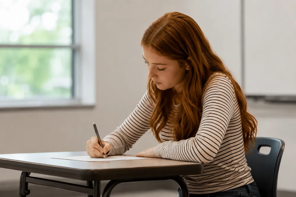 Estudante concentrada escrevendo durante os estudos com um cronograma de estudos para o ENEM.